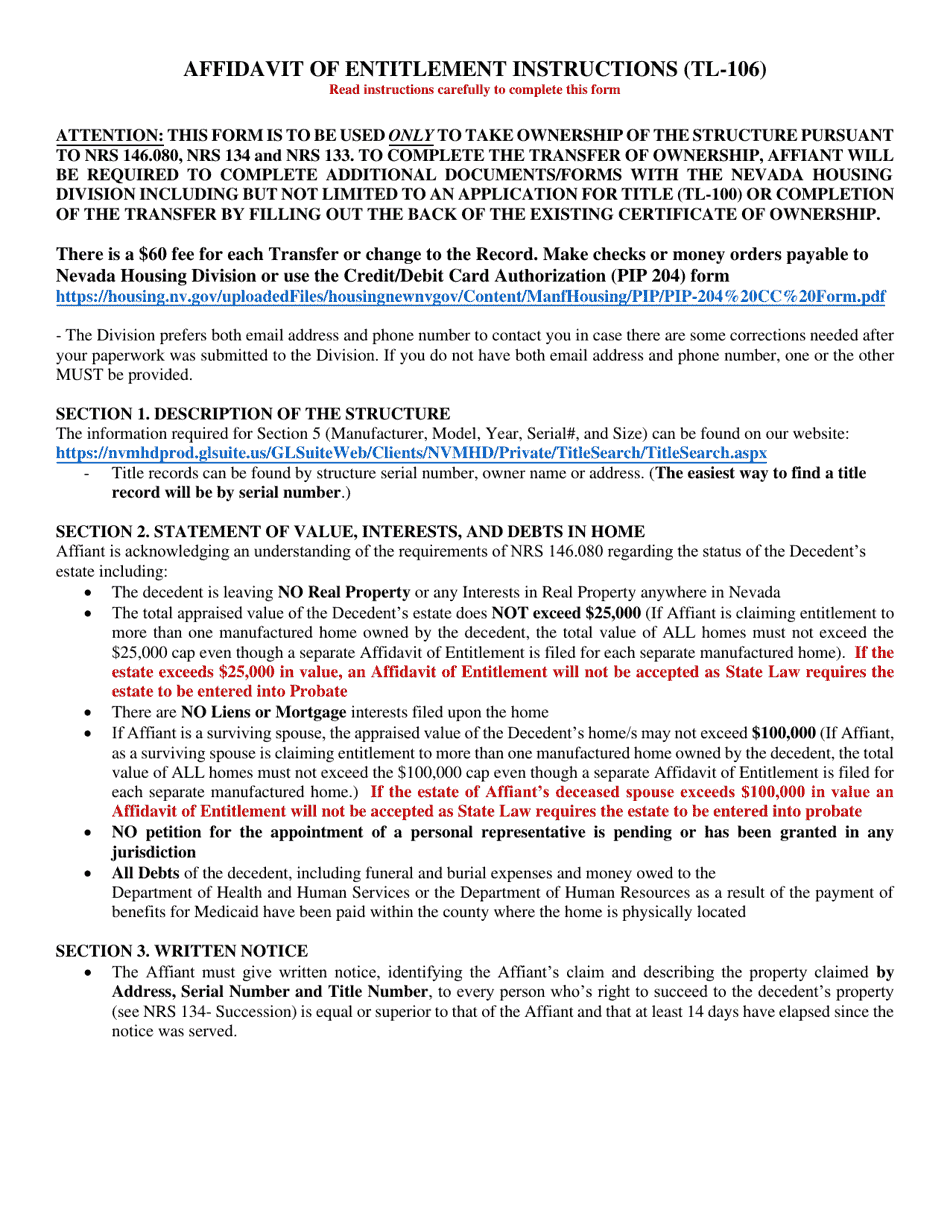 Form TL-106 Affidavit of Entitlement - Nevada, Page 1