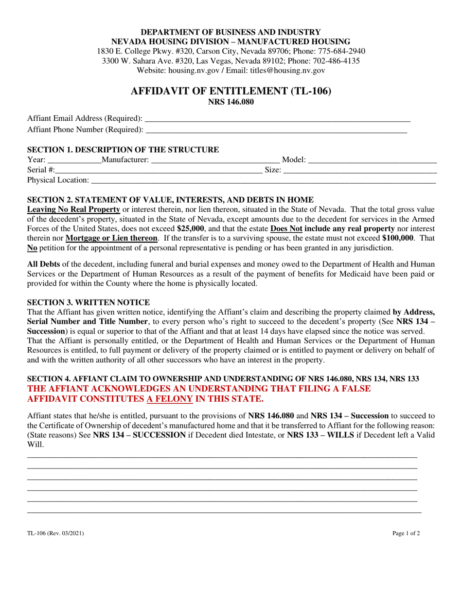 Form TL-106 Affidavit of Entitlement - Nevada, Page 3