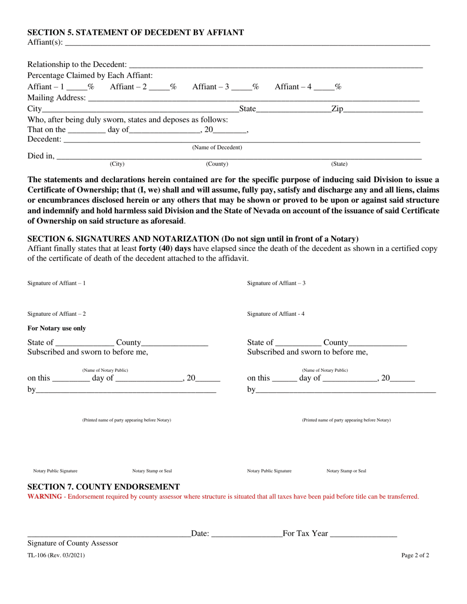 Form TL-106 Affidavit of Entitlement - Nevada, Page 4