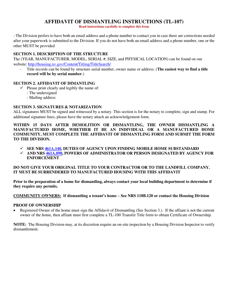 Form TL-107 Affidavit of Dismantling - Nevada, Page 1