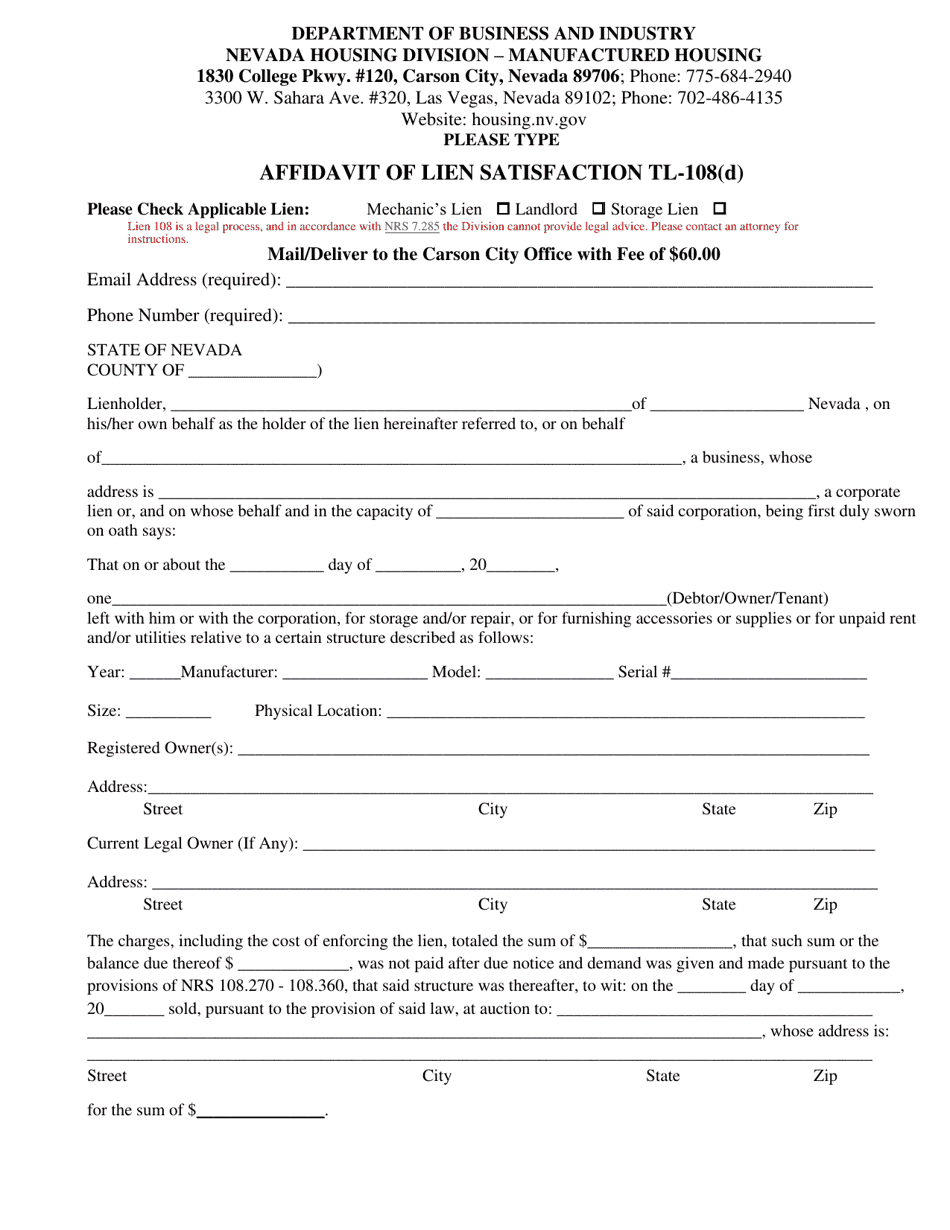 Form TL-108(D) Affidavit of Lien Satisfaction - Nevada, Page 1