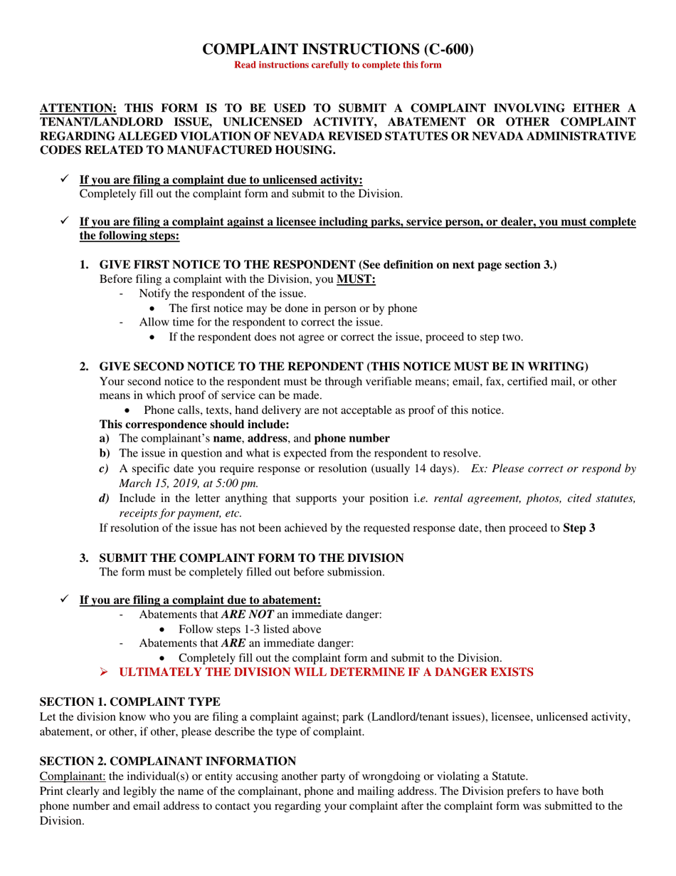 Form C-600 Complaint Instructions - Nevada, Page 1