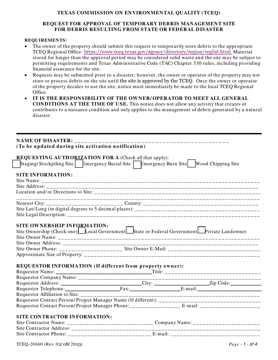 Form TCEQ-20660 Request for Approval of Temporary Debris Management Site for Debris Resulting From State or Federal Disaster - Texas, Page 1