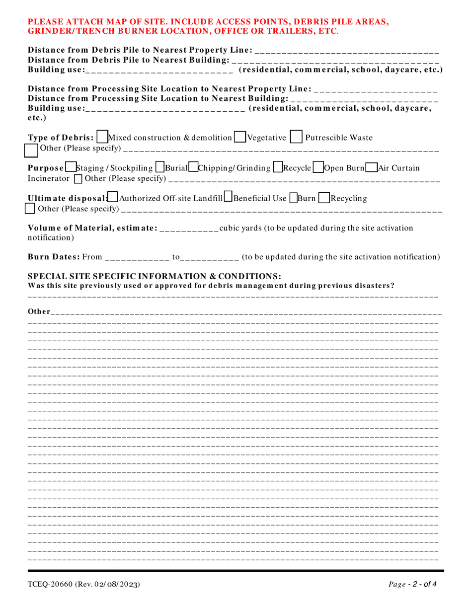 Form TCEQ-20660 Request for Approval of Temporary Debris Management Site for Debris Resulting From State or Federal Disaster - Texas, Page 2