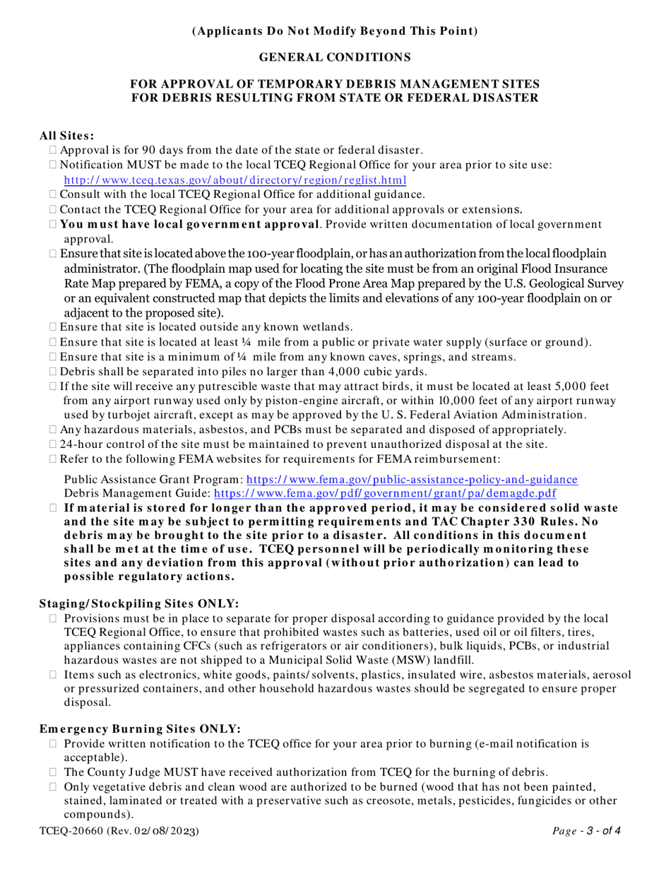 Form TCEQ-20660 Request for Approval of Temporary Debris Management Site for Debris Resulting From State or Federal Disaster - Texas, Page 3