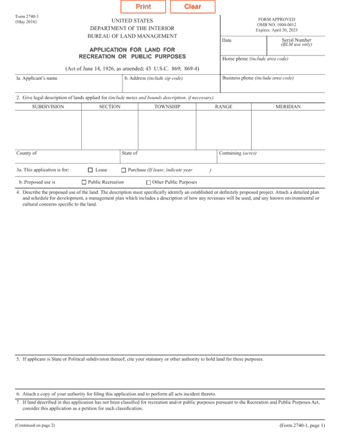 BLM Form 2740-1  Printable Pdf