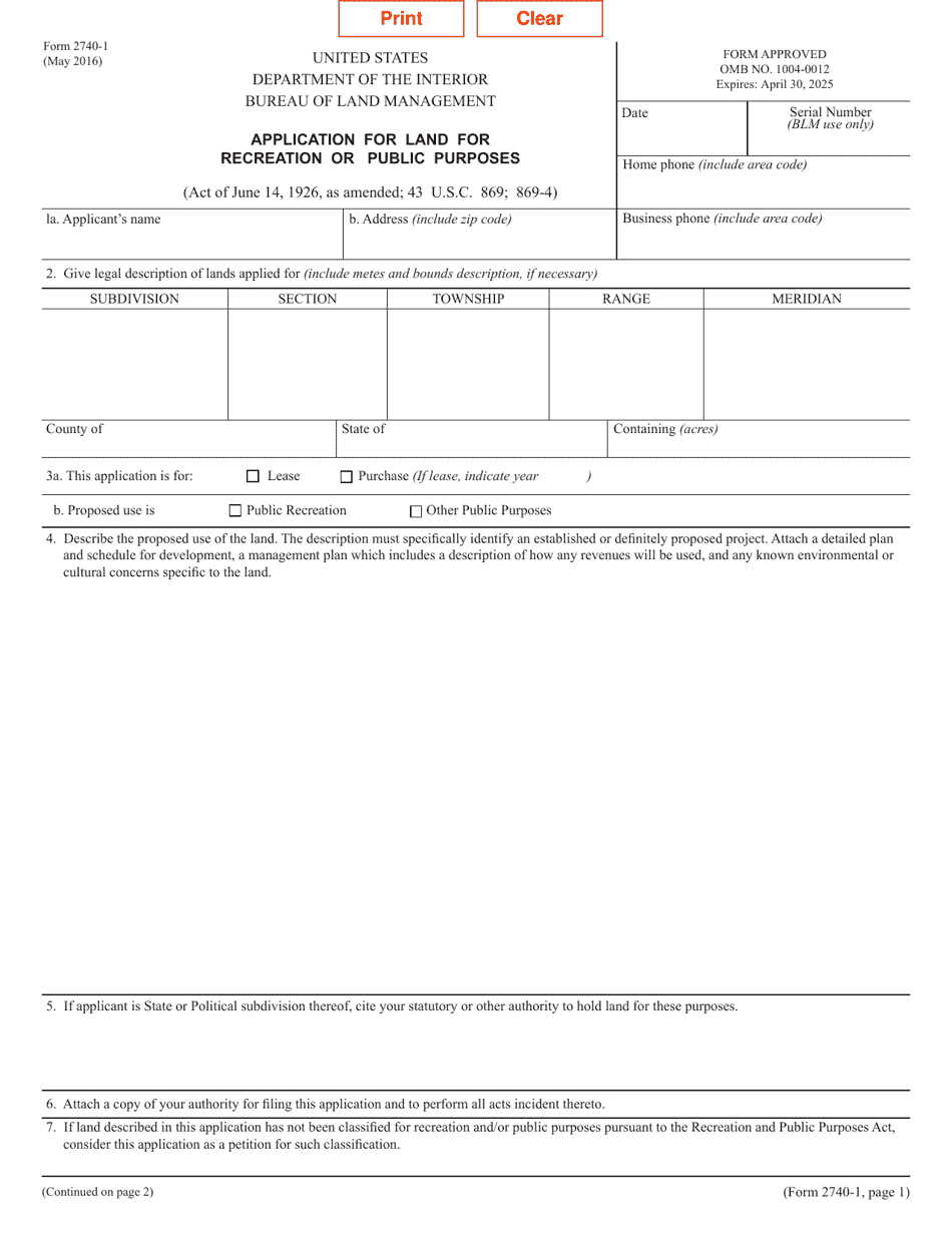 BLM Form 2740-1 Application for Land for Recreation or Public Purposes, Page 1