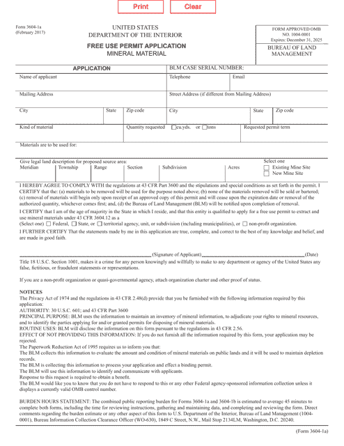 BLM Form 3604-1A Free Use Permit Application - Mineral Material