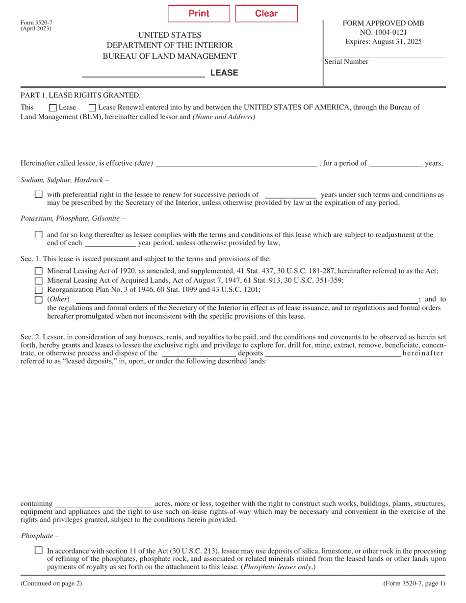 BLM Form 3520-7 Lease for Non-energy Leasable Minerals, Page 1