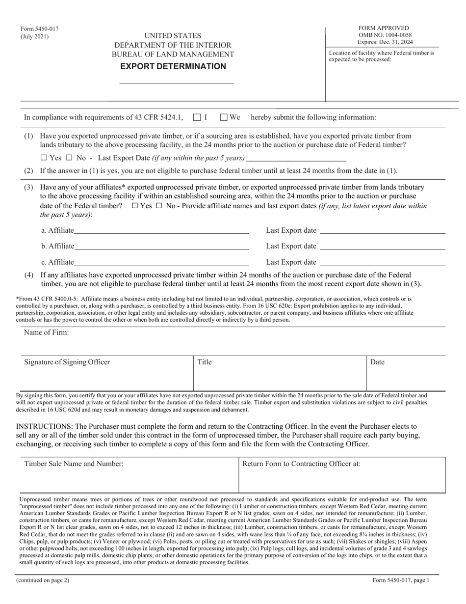 BLM Form 5450-017 Export Determination, Page 1
