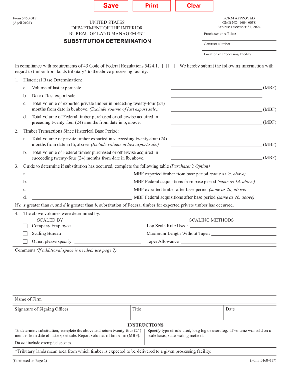 BLM Form 5460-017 Substitution Determination, Page 1