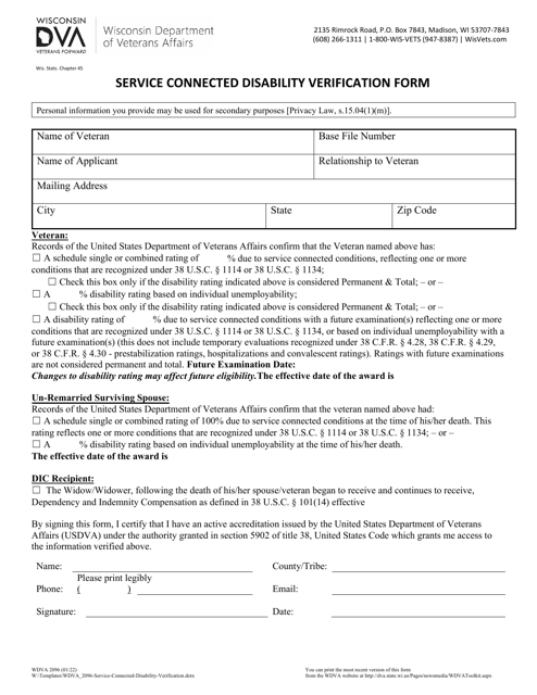 Form WDVA2096 Service Connected Disability Verification Form - Wisconsin