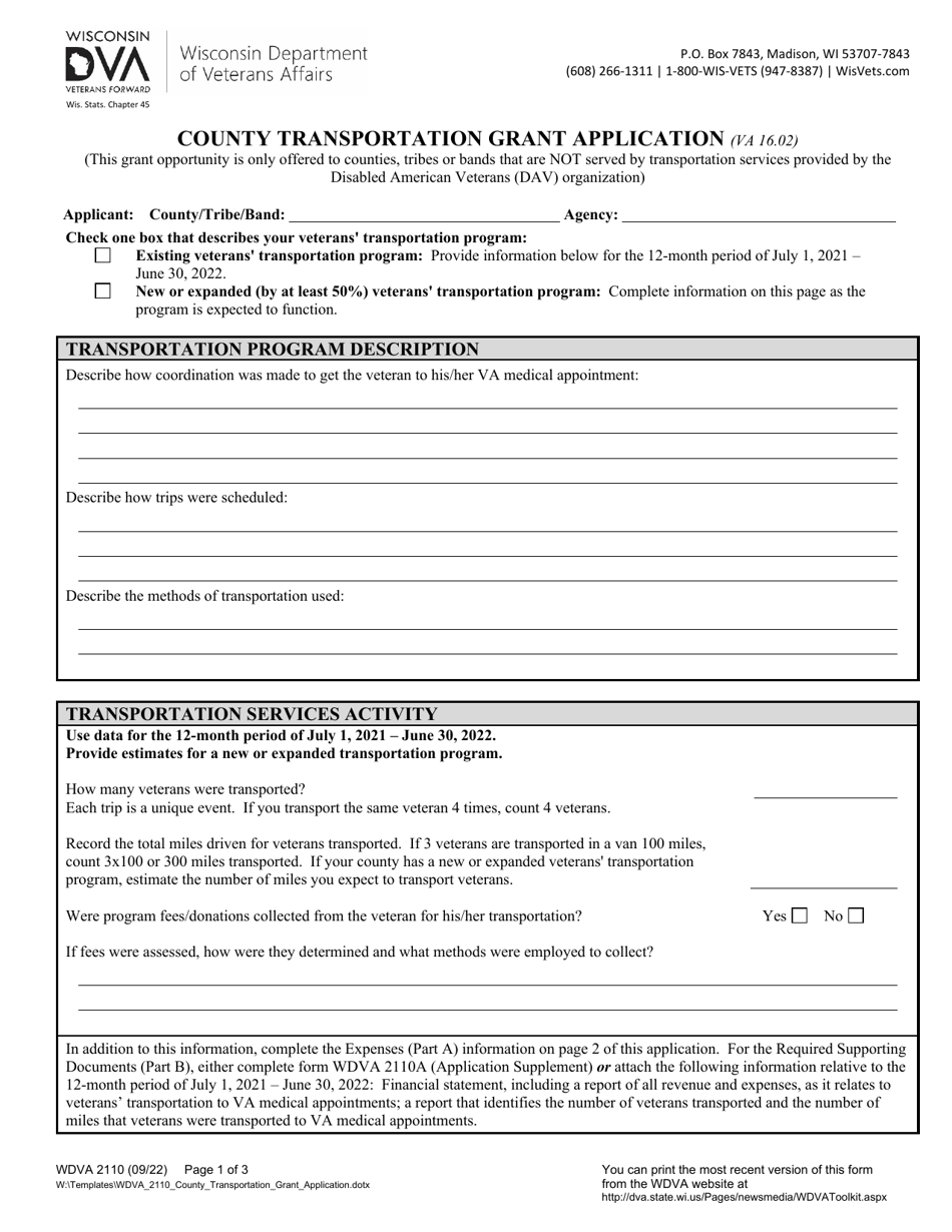 Form WDVA2110 County Transportation Grant Application - Wisconsin, Page 1