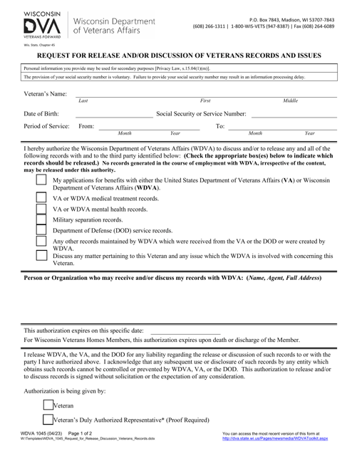 Form WDVA1045 Request for Release and/or Discussion of Veterans Records and Issues - Wisconsin