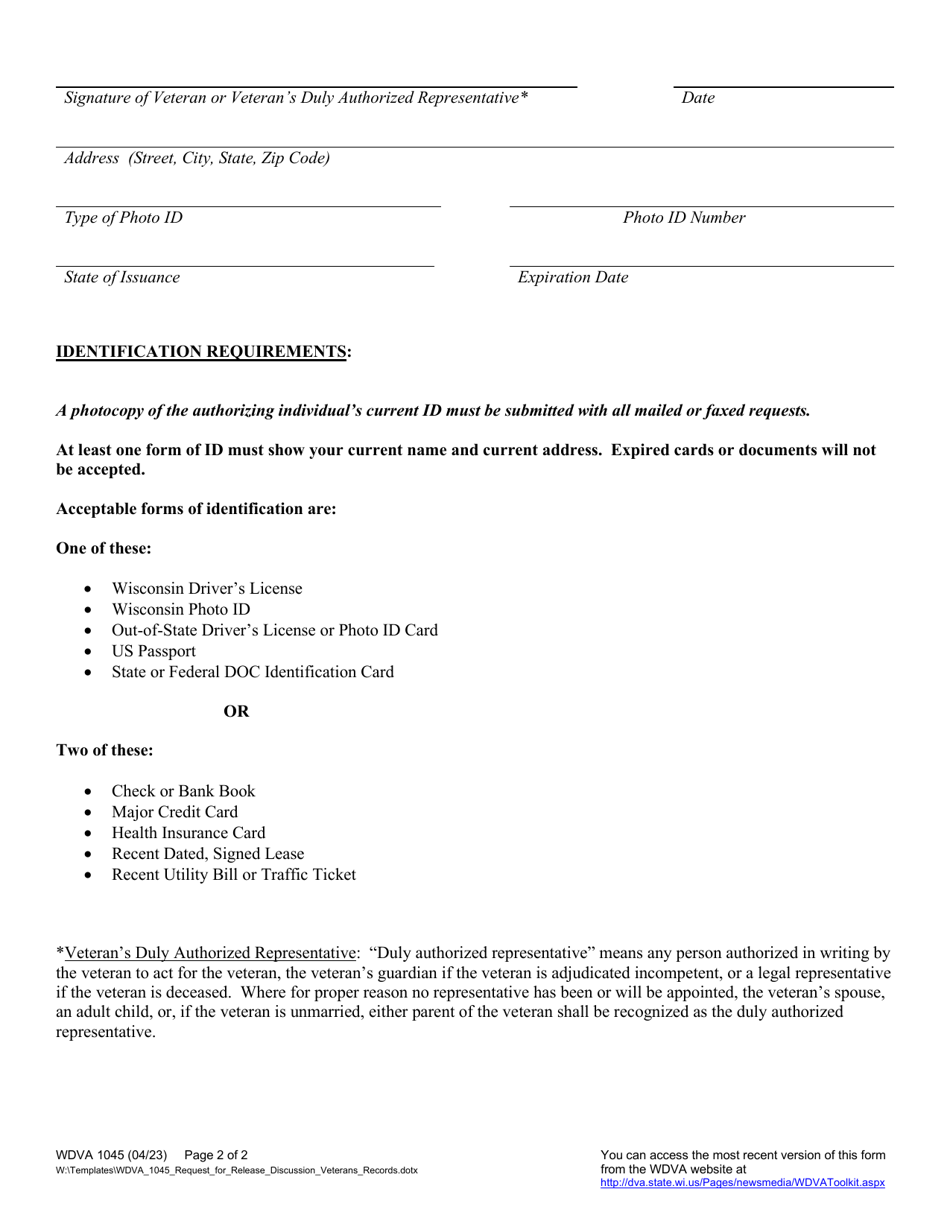 Form WDVA1045 Download Fillable PDF or Fill Online Request for Release ...