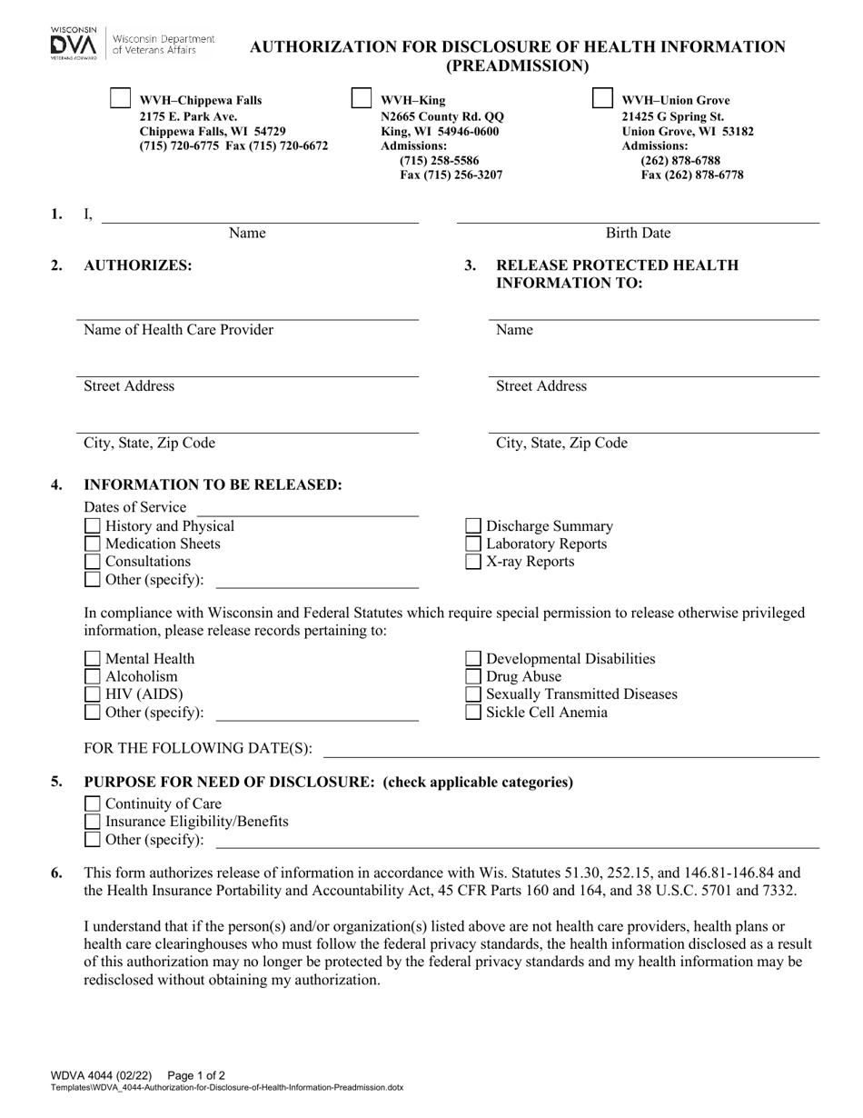 Form WDVA4044 Authorization for Disclosure of Health Information (Preadmission) - Wisconsin, Page 1