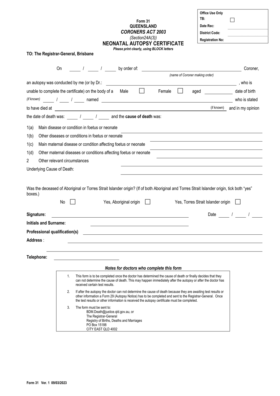 Form 31 Neonatal Autopsy Certificate - Queensland, Australia, Page 1