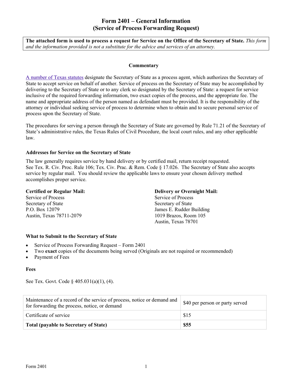 Form 2401 Service of Process Forwarding Request - Texas, Page 1