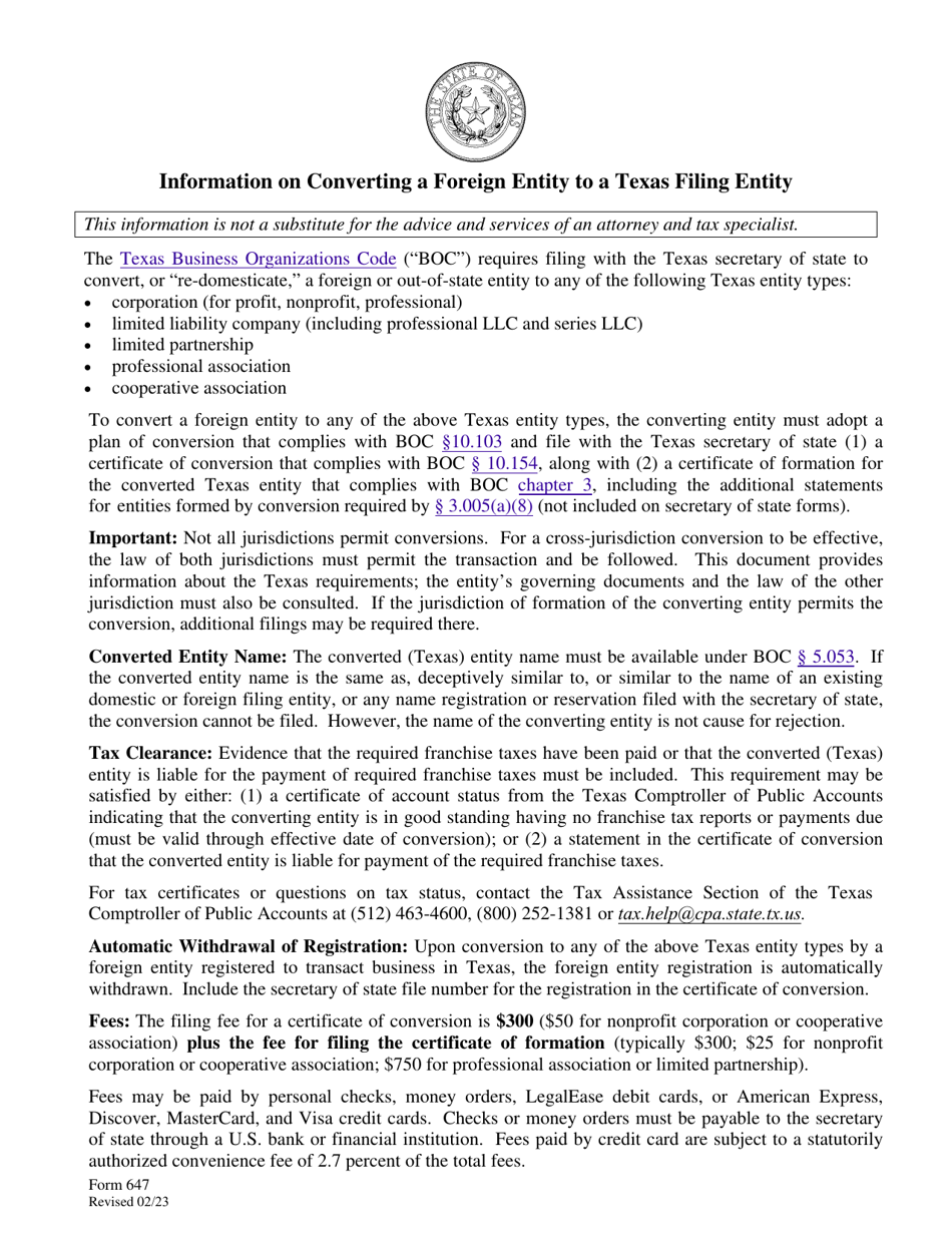 Form 647 Checklist of Requirements for Texas Certificate of Conversion Converting a Foreign Entity to a Texas Filing Entity - Texas, Page 1