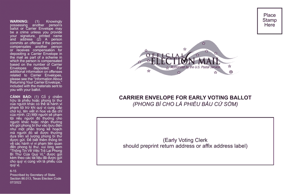 Form 6-15 Carrier Envelope for Early Voting Ballot - Texas (English/Vietnamese)