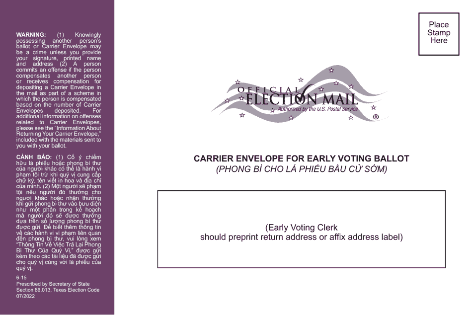 Form 6-15 Carrier Envelope for Early Voting Ballot - Texas (English / Vietnamese), Page 1