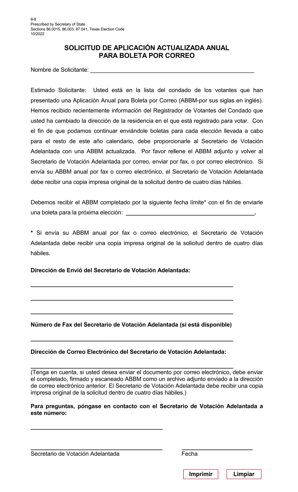 Form 6-8 Request for Updated Annual Application for Ballot by Mail - Texas (English / Spanish), Page 2