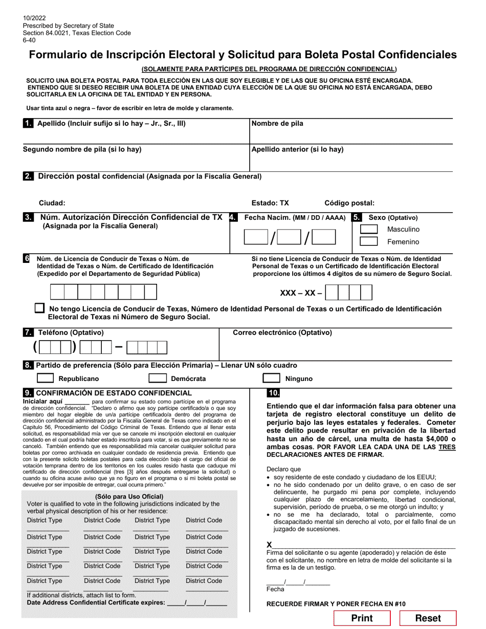 Formulario 6-40 Formulario De Inscripcion Electoral Y Solicitud Para Boleta Postal Confidenciales - Texas (Spanish), Page 1