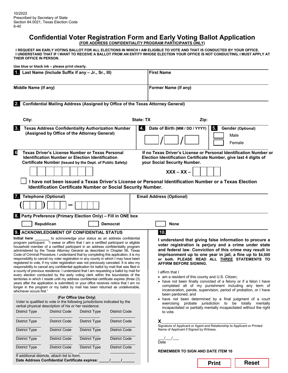Form 6-40 Confidential Voter Registration Form and Early Voting Ballot Application - Texas, Page 1