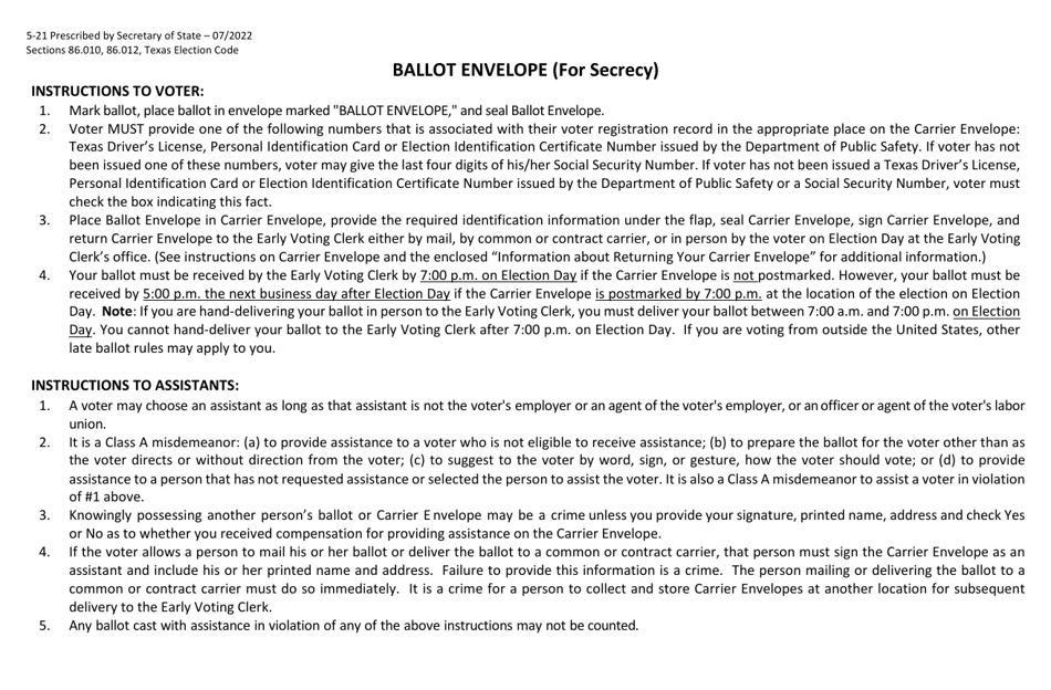 Form 5-21 Ballot Envelope (For Secrecy) - Texas (English / Spanish), Page 1