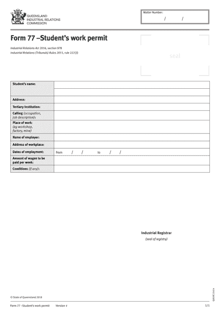 Form 77 Student's Work Permit - Queensland, Australia