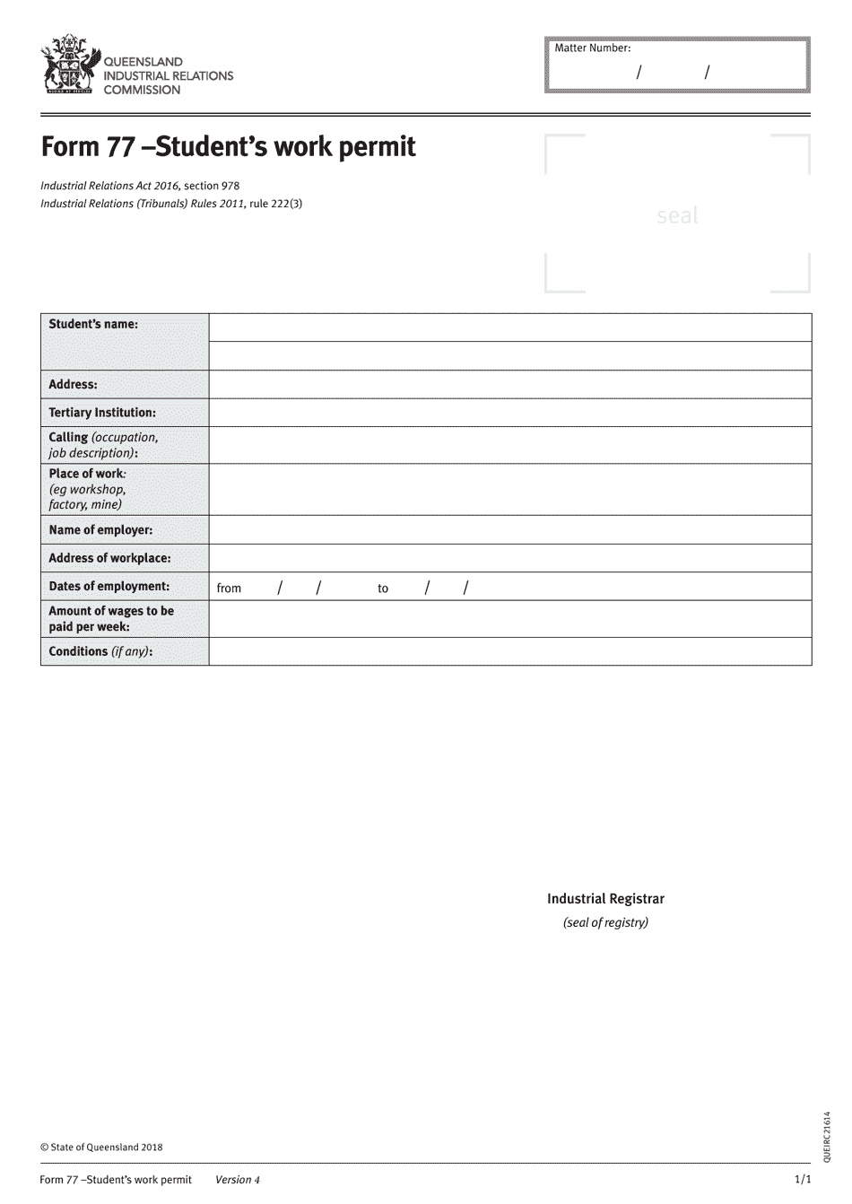 Form 77 Students Work Permit - Queensland, Australia, Page 1