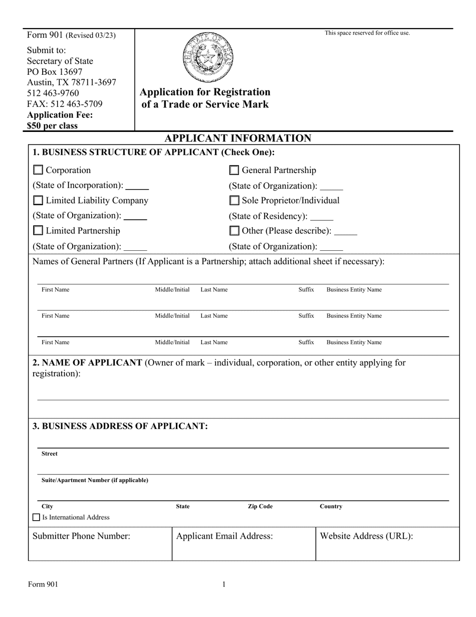 Form 901 Application for Registration of a Trade or Service Mark - Texas, Page 1