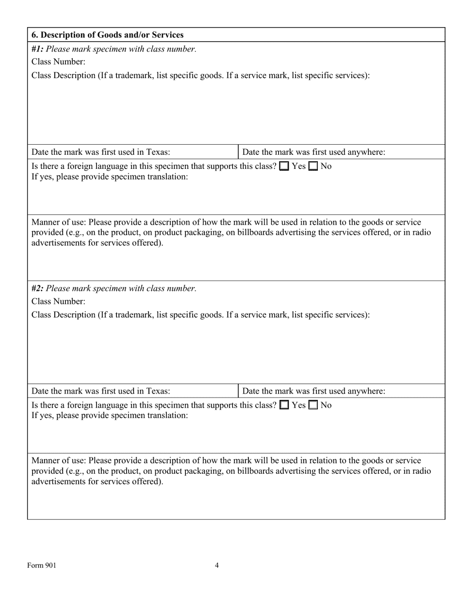 Form 901 Application for Registration of a Trade or Service Mark - Texas, Page 4