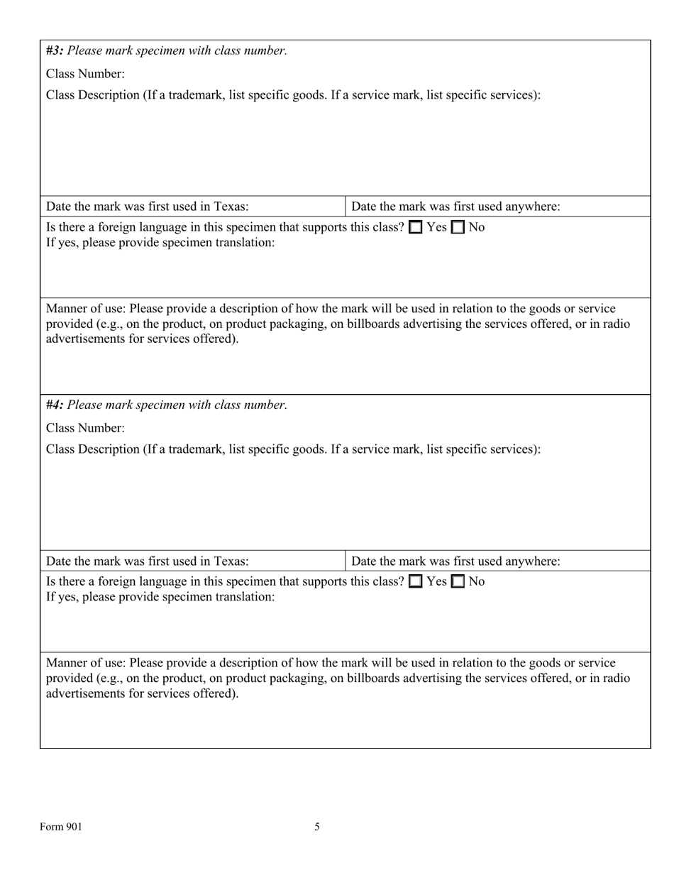 Form 901 Application for Registration of a Trade or Service Mark - Texas, Page 5