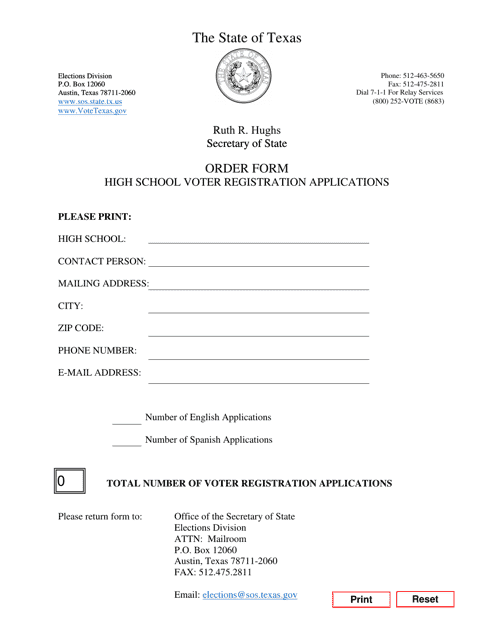 Order Form - High School Voter Registration Applications - Texas