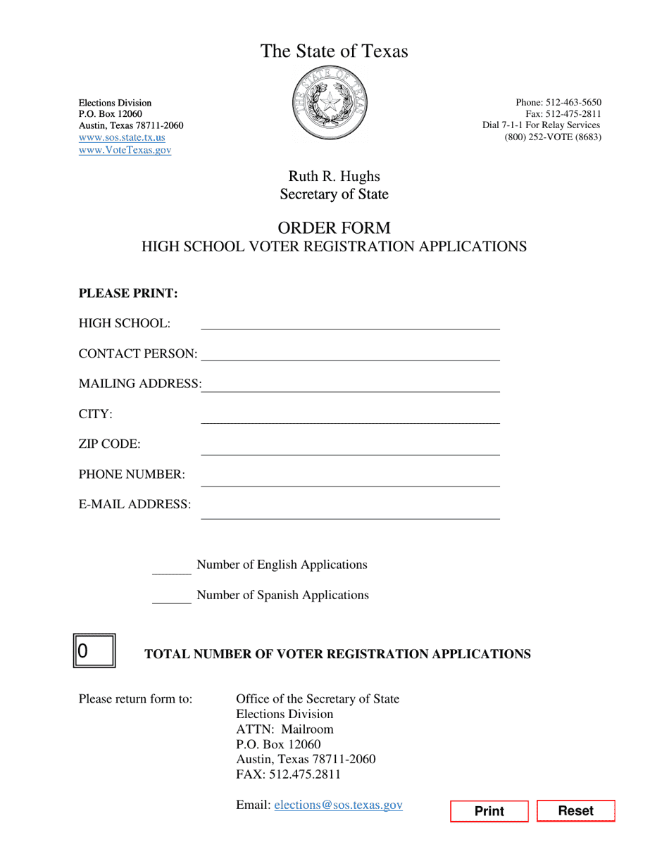 Order Form - High School Voter Registration Applications - Texas, Page 1