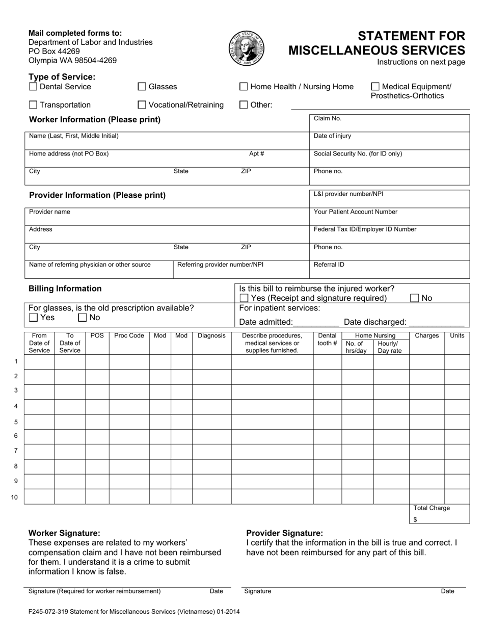 Form F245-072-319 Statement for Miscellaneous Services - Washington (English / Vietnamese), Page 1
