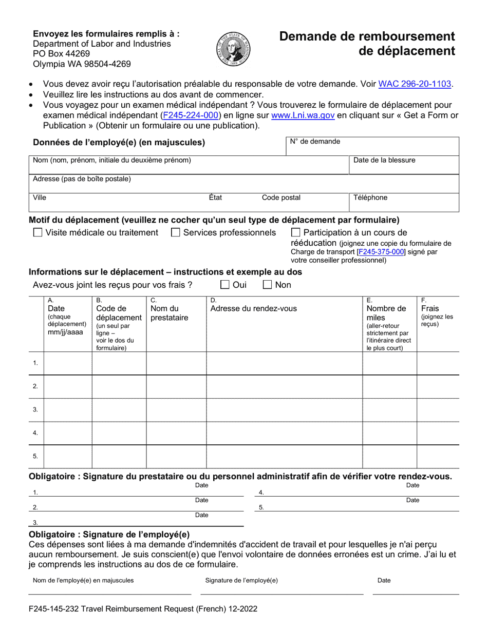 Form F245-145-232 Travel Reimbursement Request - Washington (French), Page 1