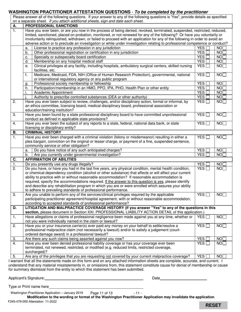 Form F245-479-000 Washington Practitioner Attestation Questions - Washington, Page 1