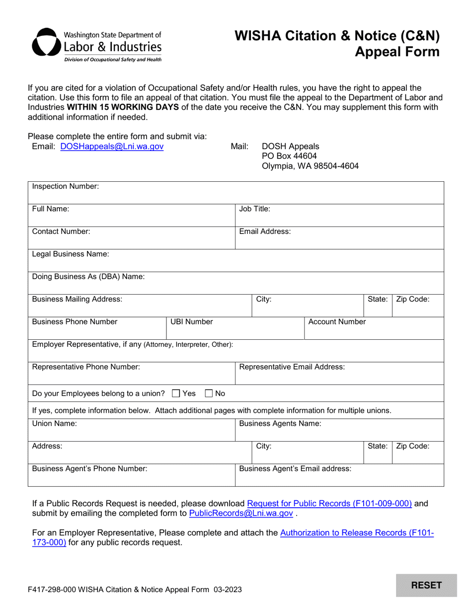 Form F417-298-000 Wisha Citation  Notice (Cn) Appeal Form - Washington, Page 1