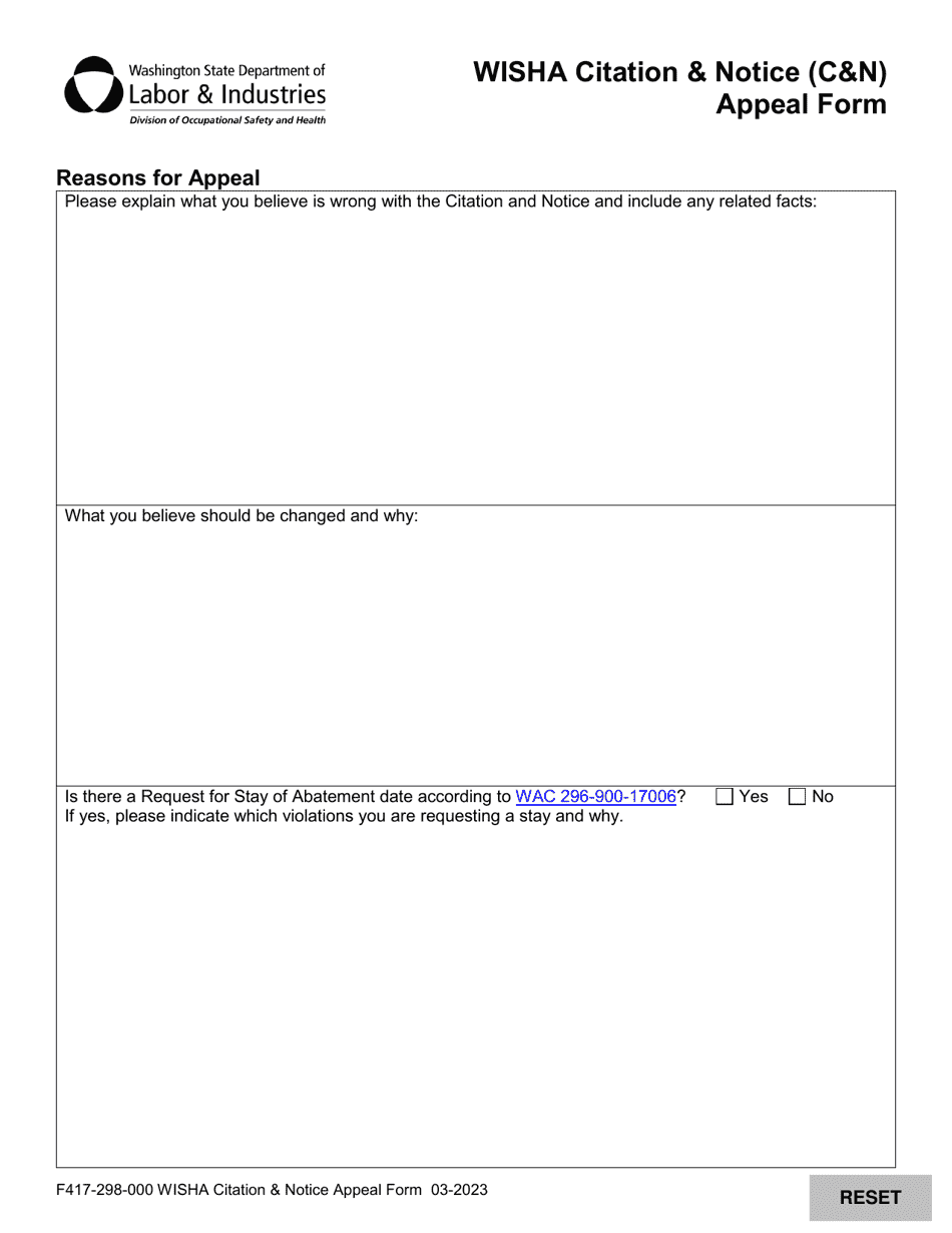 Form F417-298-000 Wisha Citation  Notice (Cn) Appeal Form - Washington, Page 2