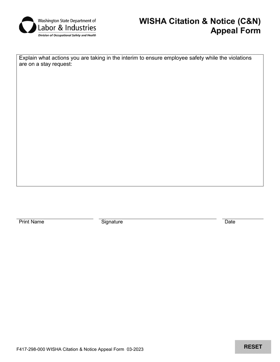 Form F417-298-000 Wisha Citation  Notice (Cn) Appeal Form - Washington, Page 3