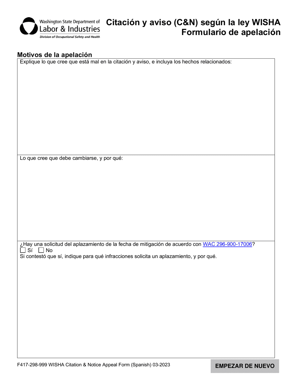 Formulario F417-298-999 Citacion Y Aviso (Cn) Segun La Ley Wisha Formulario De Apelacion - Washington (Spanish), Page 2