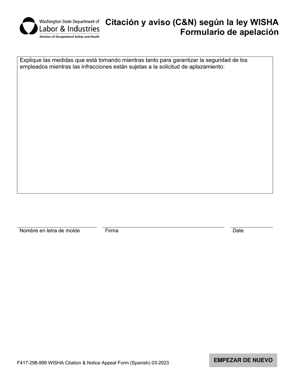 Formulario F417-298-999 Citacion Y Aviso (Cn) Segun La Ley Wisha Formulario De Apelacion - Washington (Spanish), Page 3