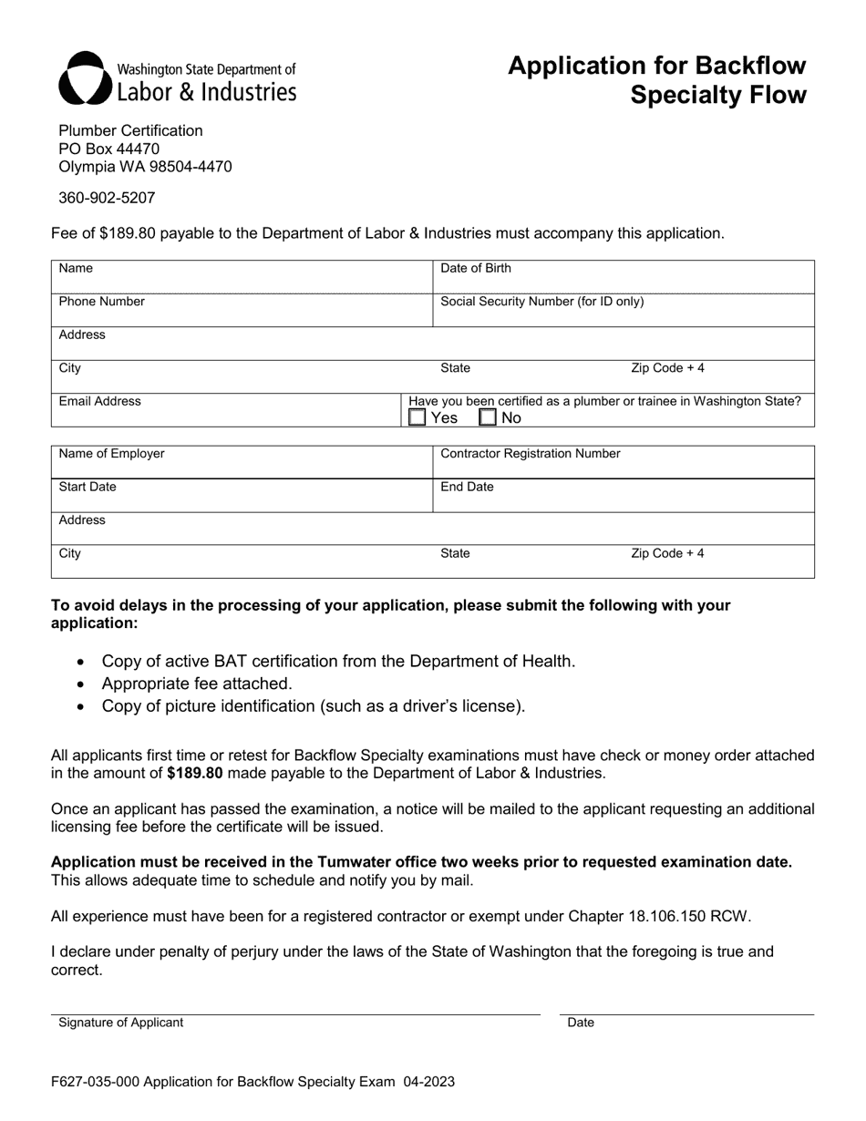 Form F627-035-000 Application for Backflow Specialty Flow - Washington, Page 1