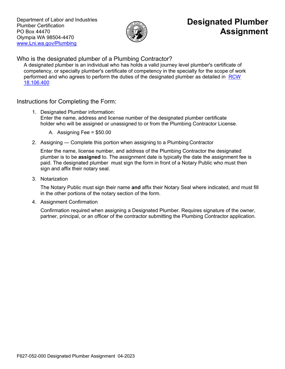 Form F627-052-000 Designated Plumber Assignment - Washington, Page 1