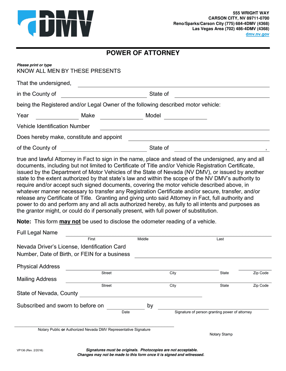 Form VP136 Power of Attorney - Nevada, Page 1
