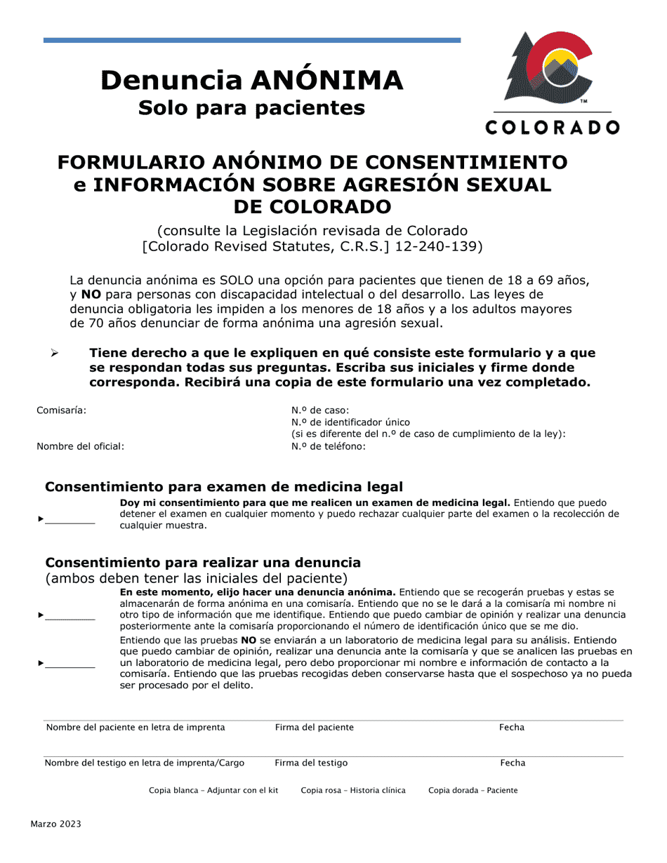Formulario Anonimo De Consentimiento E Informacion Sobre Agresion Sexual De Colorado - Colorado (Spanish), Page 1
