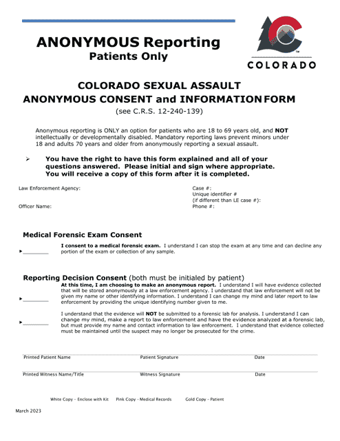 Colorado Sexual Assault Anonymous Consent and Information Form - Colorado
