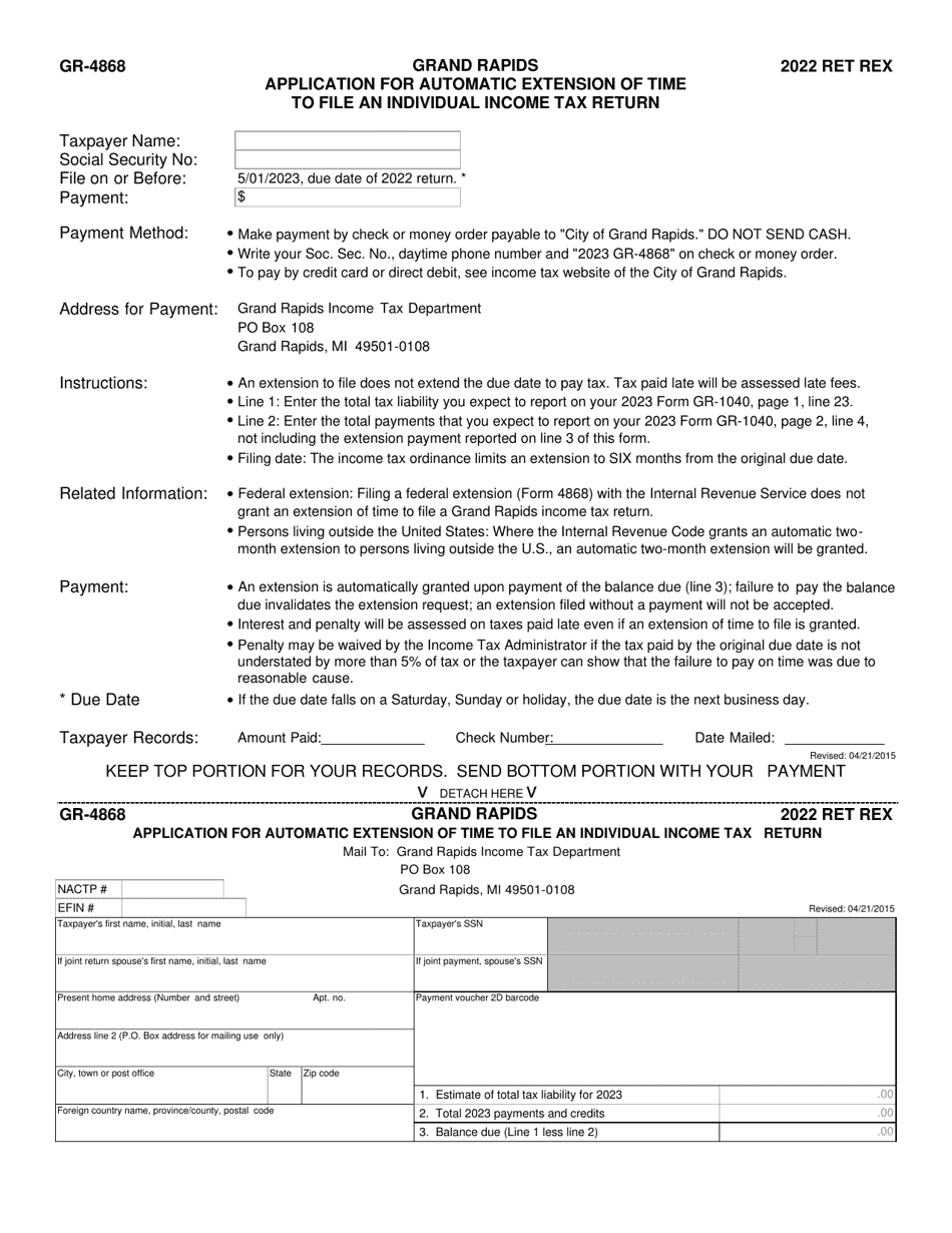 Form GR-4868 Application for Automatic Extension of Time to File an Individual Income Tax Return - City of Grand Rapids, Michigan, Page 1